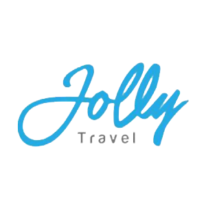 Logótipo Jolly Travel em letra manuscrita azul com texto cinzento