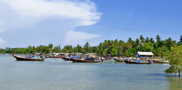 Wooden longtail boats moored along a calm estuary lined with coconut palms under a blue tropical sky