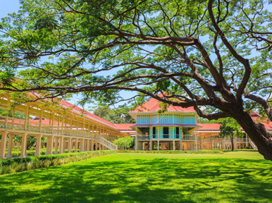 Pavilhão do palácio real em teca com acabamentos azuis e telhados vermelhos atrás de uma grande árvore de sombra num relvado, Tailândia