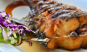 Close-up de peixe inteiro frito glaceado com molho escuro num prato branco, ao lado de salada de couve roxa