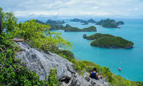 Panoramic viewpoint over turquoise sea and forested limestone islands of Ang Thong archipelago, Thailand