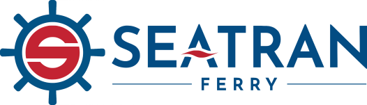 Logótipo da Seatran Ferry com símbolo de roda de leme e texto sobre fundo branco