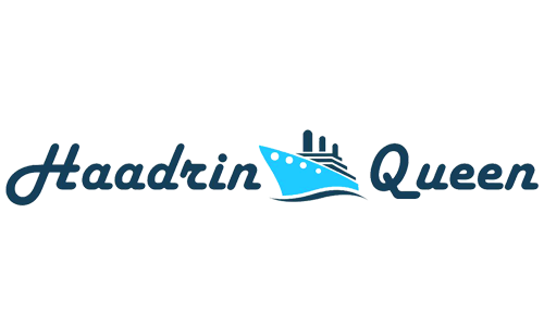 Logótipo Haadrin Queen com ferry azul, ondas estilizadas e texto itálico azul-marinho