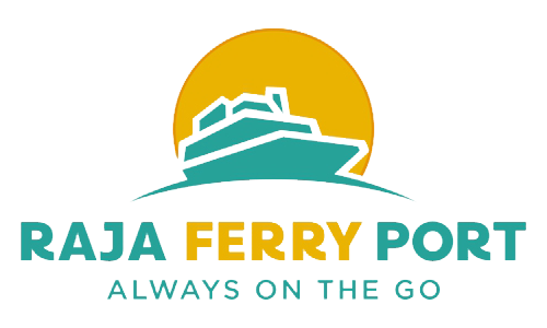 Logótipo Raja Ferry Port com ícone de ferry verde-azulado e círculo solar dourado em fundo branco