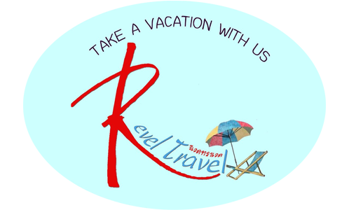 Logótipo com 'K' vermelho estilizado, espreguiçadeira e chapéu de sol em oval azul-claro com 'Take a vacation with us' e 'travel'