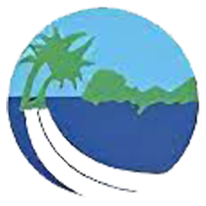 Ilustração estilizada de ilha tropical com palmeiras, ondas do mar e paisagem costeira em tons de azul e verde