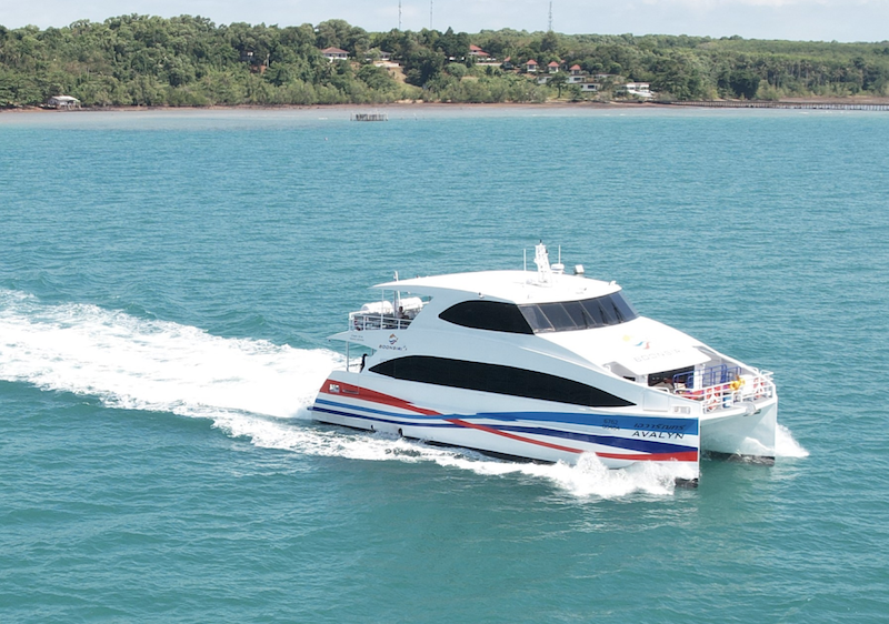 White high-speed catamaran ferry with red and blue stripes cruising turquoise water past a forested coastline