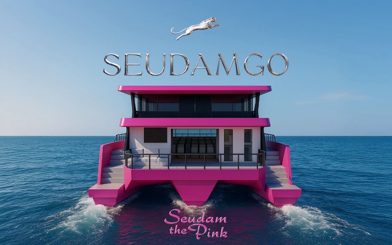 Ferry catamarã cor-de-rosa vivo no mar sob céu azul limpo, com letras prateadas da marca e logótipo de gato a saltar