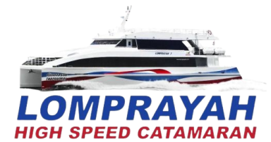 Catamarã rápido da Lomprayah com faixas azul e vermelha