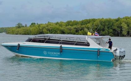 Teal and white speedboat with canvas canopy on calm water beside mangroves, Thai flag at the stern