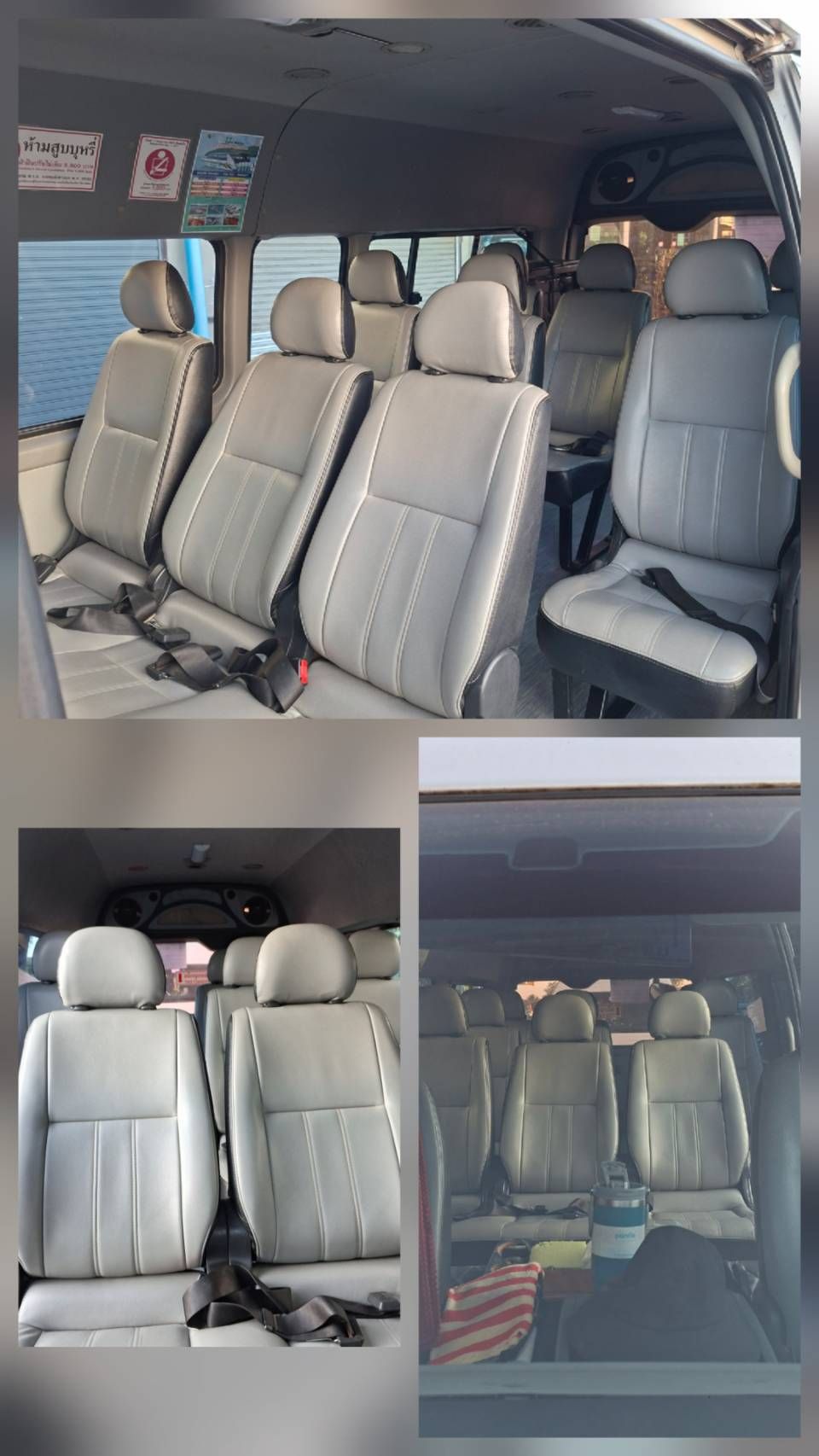 Colagem do interior de uma minivan de passageiros com assentos de couro cinza, cintos de segurança e autocolantes tailandeses de proibido fumar